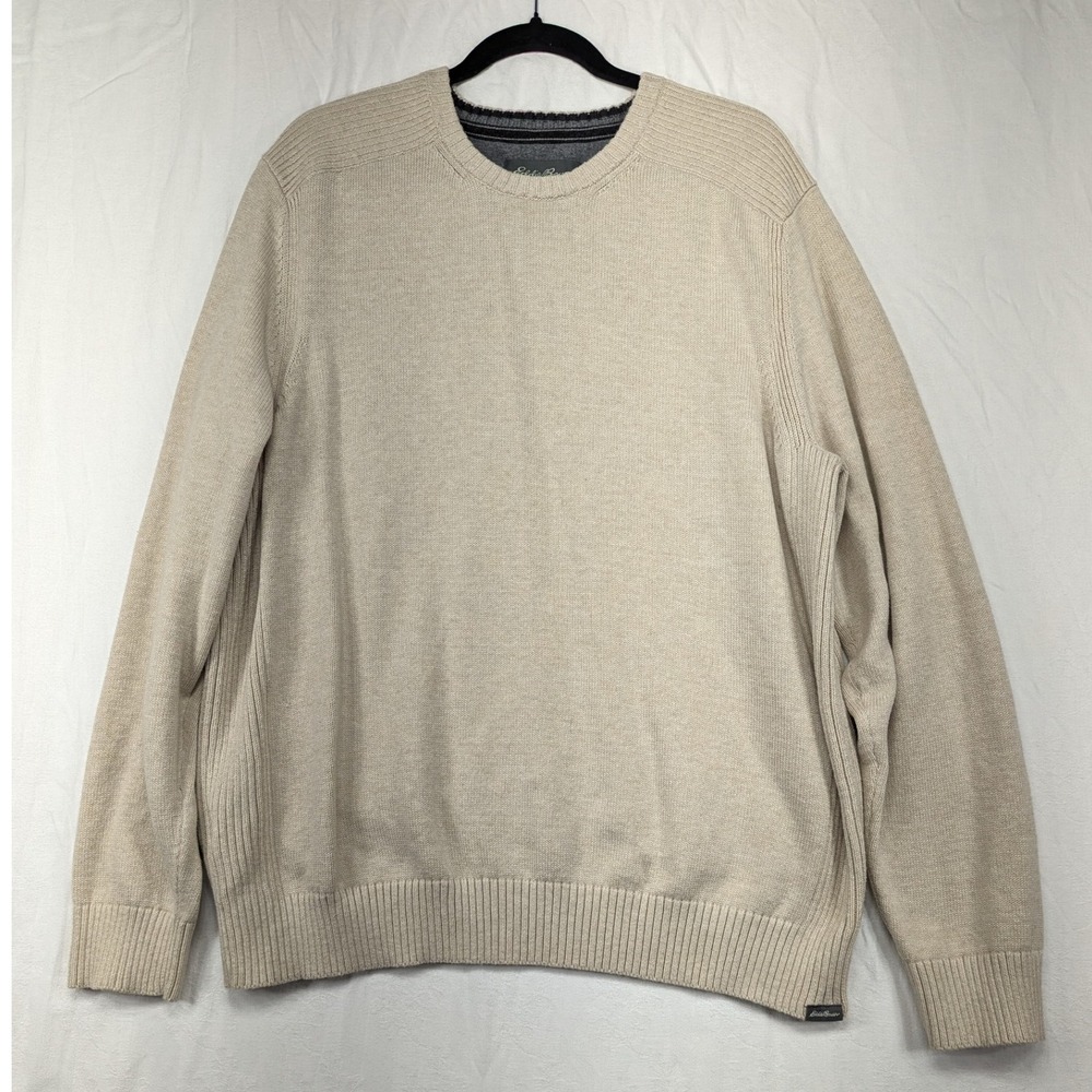 Eddie Bauer Mens XL Cotton Blend Crew Neck Knit Sweater Beige Casual